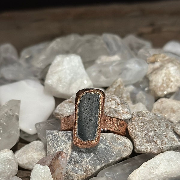 Rare Matte Black Slag Stone Electroformed Ring Size 10 1/2 Vintage Virginia Iron Ore Slag Small Air Bubbles Copper Hand Textured Medium Band