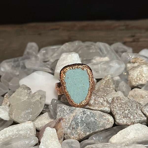 Blue Stone Ring Size 9 3/4 Vintage Iron Ore Slag Electroformed Ring Copper Hand Textured Wide Band Handcrafted Jewelry