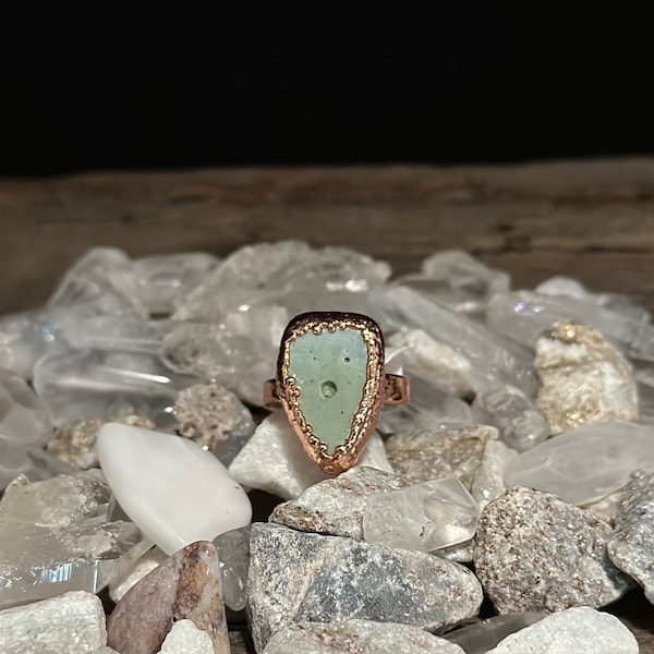 Greenish Blue Slag Stone Ring Size 8 1/4  Air Bubble Vintage Iron Ore Slag Copper Electroformed Ring Hand Textured Narrow Band