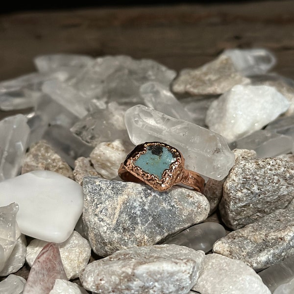 Blue Slag Ring Size 8 1/4  Iron Ore Slag Copper Electroformed Handmade Jewelry Narrow Band Unique Ring
