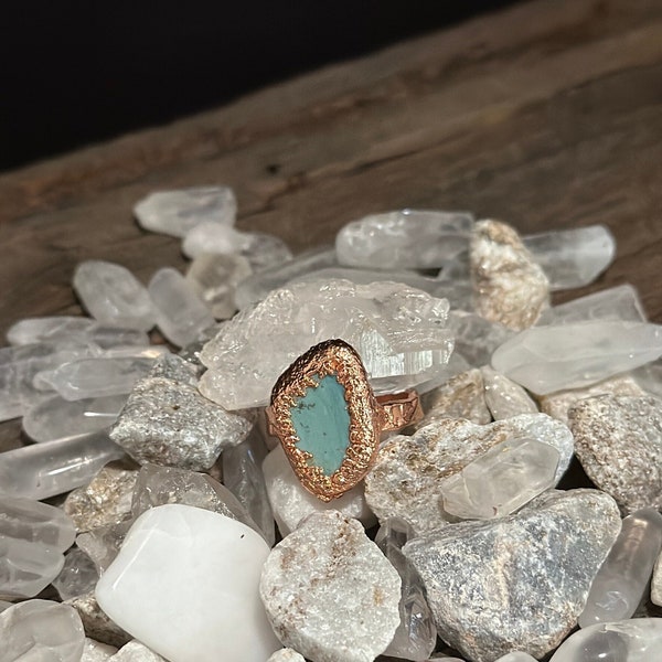 Blue Slag Stone Ring Size 10 Vintage Iron Ore Slag Electroformed Copper Hand Textured Narrow Band Handmade Jewelry