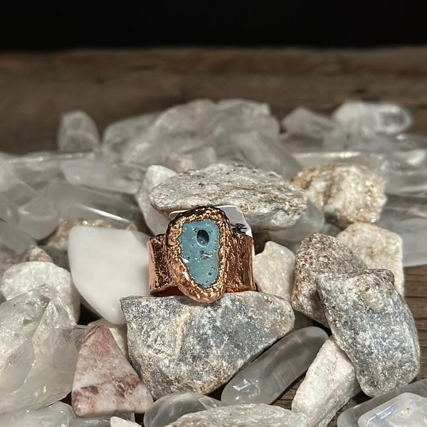 Teal Blue With Air Bubble Slag Ring Size 5 3/4 Interesting Wide Copper Electroformed Ring Vintage Virginia Iron Ore Slag Slag Unique Gift