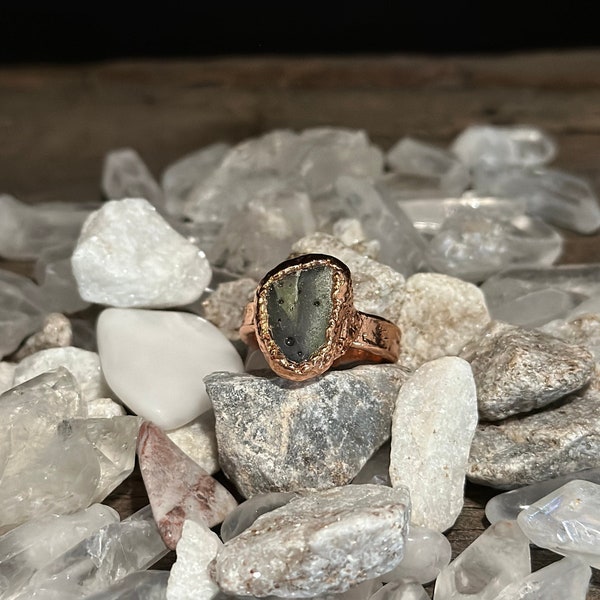 Multi Color Green Iron Ore Slag Ring Size 8 1/2 Copper Electroformed Handmade Jewelry Hand Textured Medium Width Band