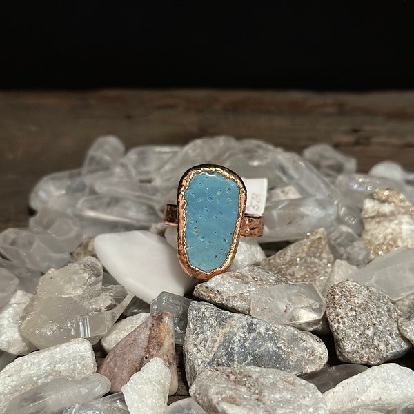 Unique Blue Slag Stone Ring Size 9 3/4 Vintage Iron Ore Slag Electroformed Copper Ring Hand Textured Medium Wide Band Handmade Jewelry