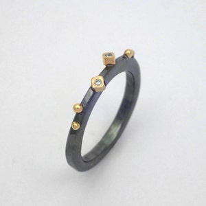 Alternative minimal oxidized silver ring with two diamonds and studded gold granules, Gift for her, Hammered black ring, Gift for daughter.