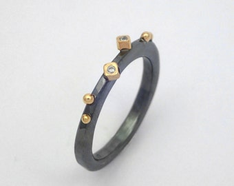 Alternative minimal oxidized silver ring with two diamonds and studded gold granules, Gift for her, Hammered black ring, Gift for daughter.