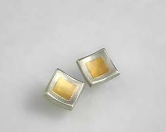 Minimal square stud earrings with 22K gold fused on 925 silver, Gold and silver earrings, Minimal earrings, Geometric earrings, Gift for her