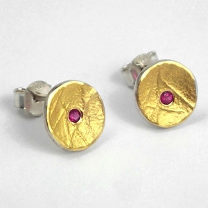 Classy round earrings with textured surface and a genuine ruby, Gold and silver earrings, Modern earrings, Minimal ruby earrings, Tiny studs image 1