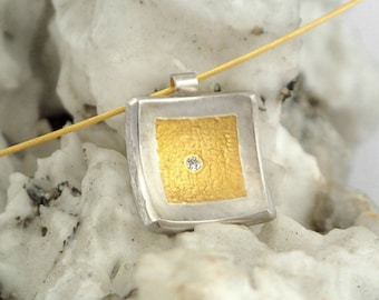 A gold silver pendant with a textured golden surface and a diamond, Geometric pendant, Hammered pendant, Textured pendant,Square pendant