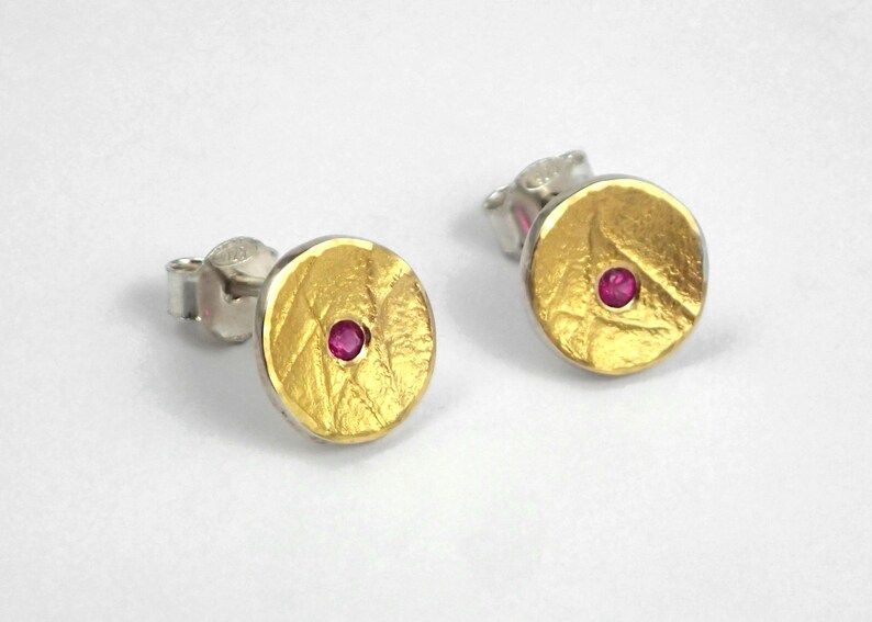 Classy round earrings with textured surface and a genuine ruby, Gold and silver earrings, Modern earrings, Minimal ruby earrings, Tiny studs image 1