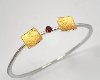 Gold and silver hammered bracelet with  a  pink tourmaline stone, Textured bracelet, Handmade bracelet, Gift for her, Gift for daughter.