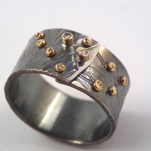 Wide band ring, Hammered, oxidized silver ring with studded gold granules and small diamonds, Mixed metal ring, Black ring, Textured ring