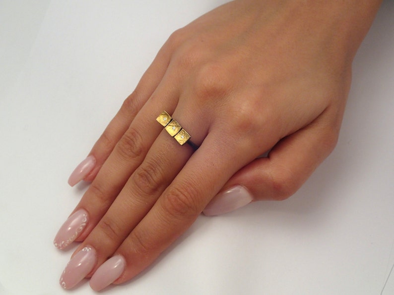 A triple square gold and oxidized silver statement ring with optional diamonds textured surface and a hammered band Gift for daughter.