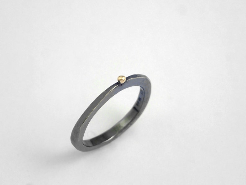 Stylish Minimal Oxidized Silver Ring With a Studded Gold Granule, Hammered Ring, Black Ring, Gift for Her, Gift for Daughter, Granule Ring. image 1