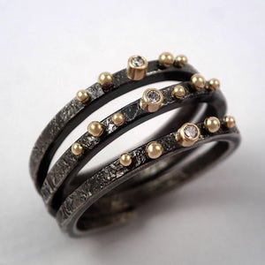 Gold Water Drops on a Bryony Tendril, Artistic, Modern, Gold and Oxidized Silver Ring with Diamonds and Studded Gold Granules, Spiral ring.