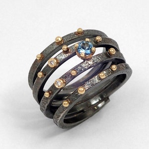 Black wrap ring from siver and gold.An Artistic Gold and Silver Spiral Ring with Aquamarine stone,Diamonds and Gold Granules.Gift for Her. image 1