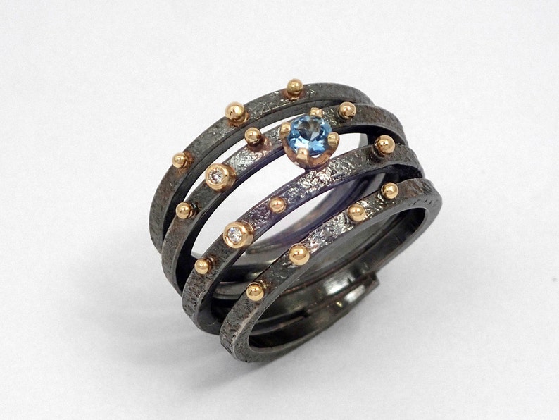 Black wrap ring from siver and gold.An Artistic Gold and Silver Spiral Ring with Aquamarine stone,Diamonds and Gold Granules.Gift for Her. image 1