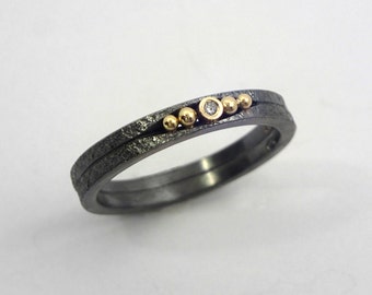 An oxidized silver ring with a diamond and studded 18K gold granules, A double band ring, Patina ring, Handcrafted jewelry, Texture jewelry