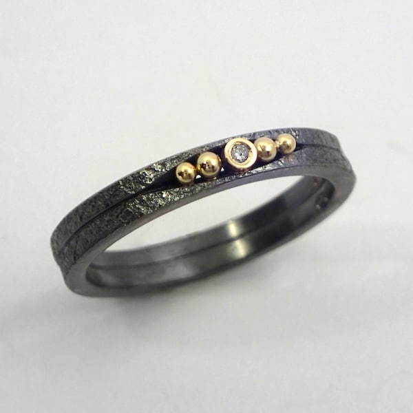 An oxidized silver ring with a diamond and studded 18K gold granules, A double band ring, Patina ring, Handcrafted jewelry, Texture jewelry