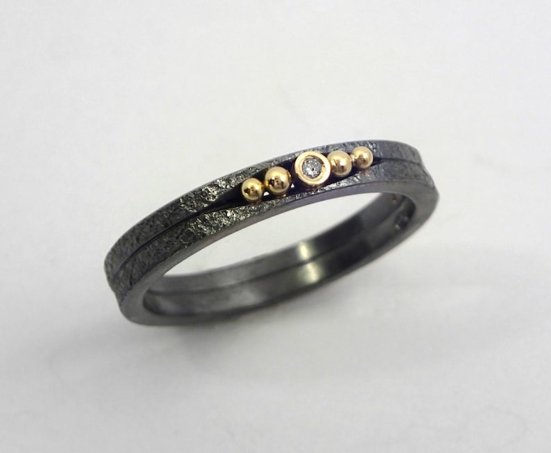 An oxidized silver ring with a diamond and studded 18K gold granules, A double band ring, Patina ring, Handcrafted jewelry, Texture jewelry image 1