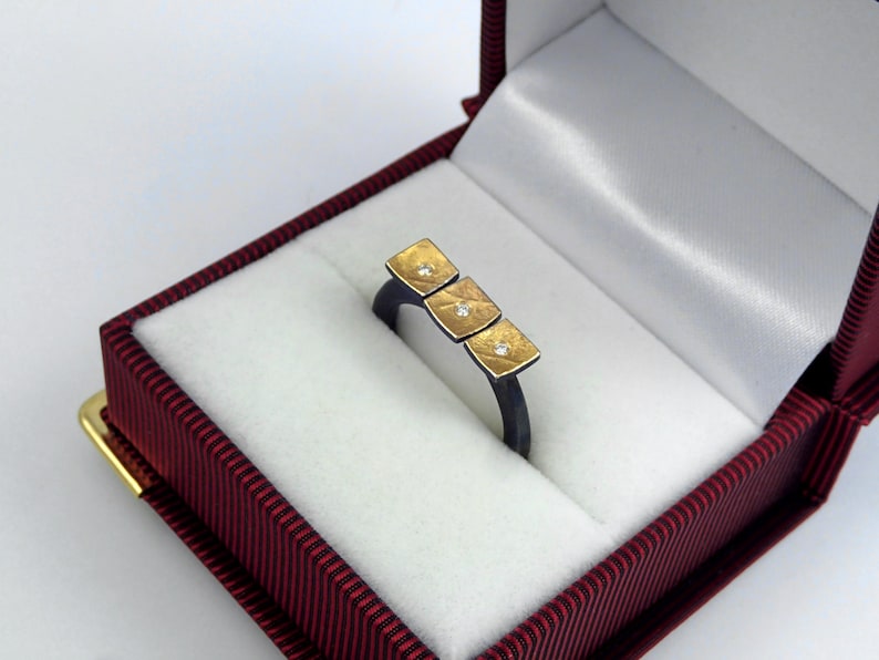 A triple square gold and oxidized silver statement ring with optional diamonds textured surface and a hammered band Gift for daughter.