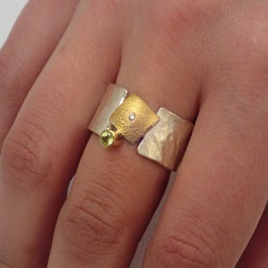 Modern wide band ring made of 22K gold and 925 silver with a small diamond and a peridot stone, Hammered ring, Gift for her, Geometric ring. image 3