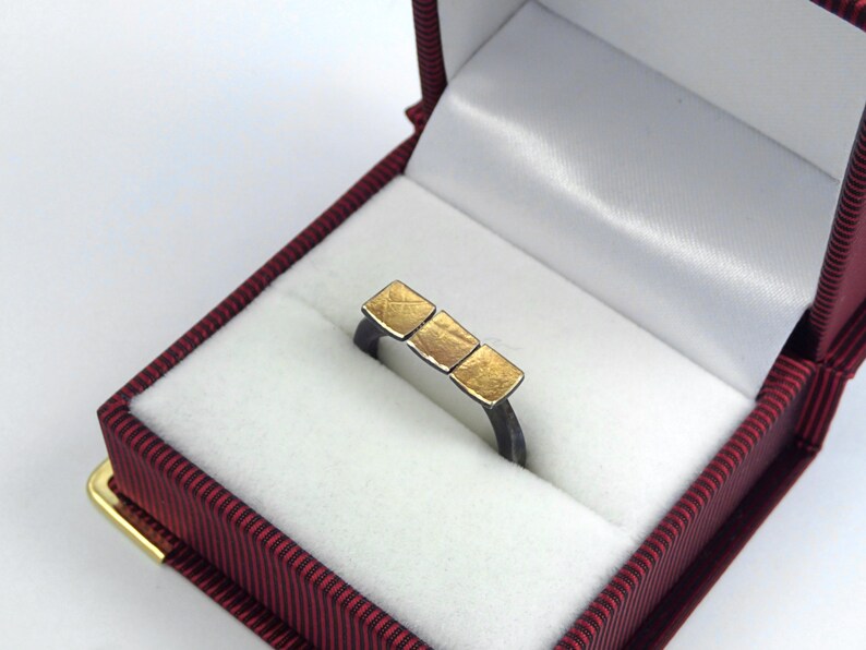 A triple square gold and oxidized silver statement ring with optional diamonds textured surface and a hammered band Gift for daughter.