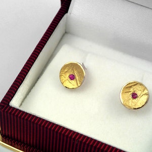 Classy round earrings with textured surface and a genuine ruby, Gold and silver earrings, Modern earrings, Minimal ruby earrings, Tiny studs image 2