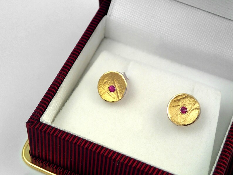 Classy round earrings with textured surface and a genuine ruby, Gold and silver earrings, Modern earrings, Minimal ruby earrings, Tiny studs image 2