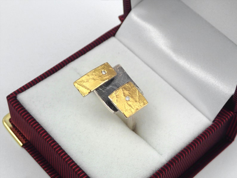 The Rubik's cube. An artistic geometric gold and silver ring with diamonds and hammered band for nights out. image 4