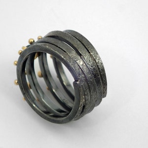 Black wrap ring from siver and gold.An Artistic Gold and Silver Spiral Ring with Aquamarine stone,Diamonds and Gold Granules.Gift for Her. image 2