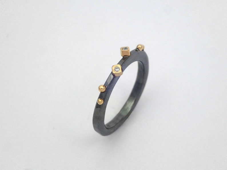 Alternative minimal oxidized silver ring with two diamonds and studded gold granules, Gift for her, Hammered black ring, Gift for daughter. image 1