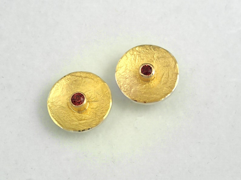 Classy gold and silver round earrings with a pink tourmaline stone and a textured surface, Geometric earrings, Pink tourmaline earrings. image 1
