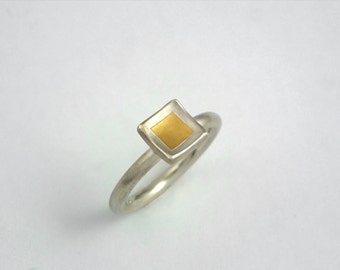 Minimal simple square ring with 22K gold fused on sterling silver, Silver and gold ring, Geometric ring, Handcrafted ring, Gift for her.