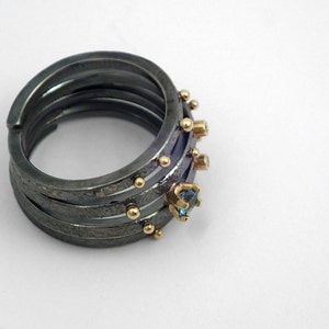 Black wrap ring from siver and gold.An Artistic Gold and Silver Spiral Ring with Aquamarine stone,Diamonds and Gold Granules.Gift for Her. image 3