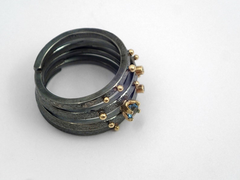 Black wrap ring from siver and gold.An Artistic Gold and Silver Spiral Ring with Aquamarine stone,Diamonds and Gold Granules.Gift for Her. image 3