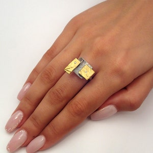 The Rubik's cube. An artistic geometric gold and silver ring with diamonds and hammered band for nights out. image 3