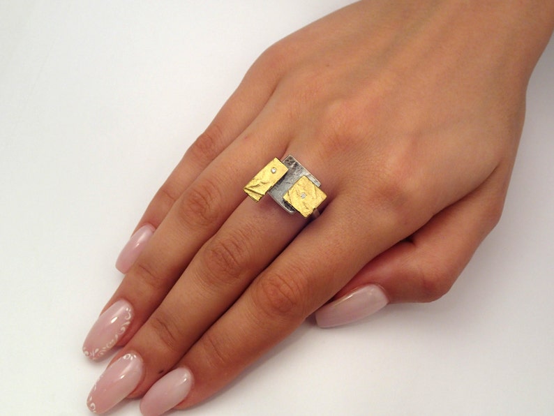 The Rubik's cube. An artistic geometric gold and silver ring with diamonds and hammered band for nights out. image 3