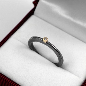 Minimal black ring with a small diamond and hammered band, Black rings for women, Patina ring, Oxidized silver ring, Gift for her. image 2