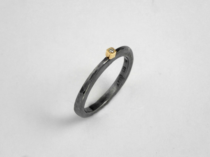 Minimal black ring with a small diamond and hammered band, Black rings for women, Patina ring, Oxidized silver ring, Gift for her. image 1