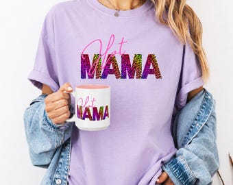 Hot Mama neon luipaard accent koffiemok perfect Moederdag cadeau voor moeder grootmoeder zus of dochter T-shirt set beschikbaar