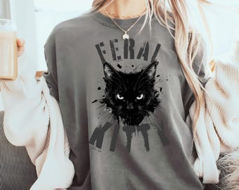 Feral Kitty T-shirt met print in tattoo-stijl, uniseks grafisch cadeau Meme Lovers