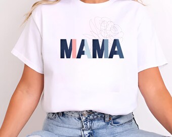 Mama Blue Jean T-shirt met bloemenprint uniseks 'MAMA' grafisch cadeau voor moeders (huisdier)moeders