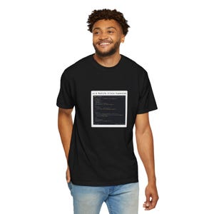 Peut inclure: T-shirt noir à col rond avec un motif carré blanc sur le devant. Le motif comporte le texte "v2.0 Midlife Crisis Expansion" au-dessus de lignes de code. La personne sur l'image porte un jean bleu.