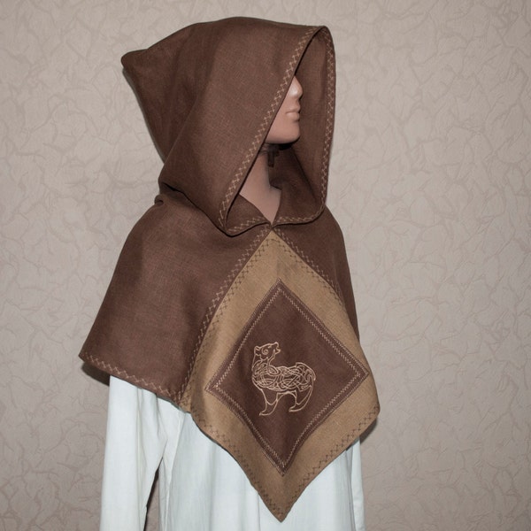 Viking hood linen medieval hood celtic bear LARP medieval cape