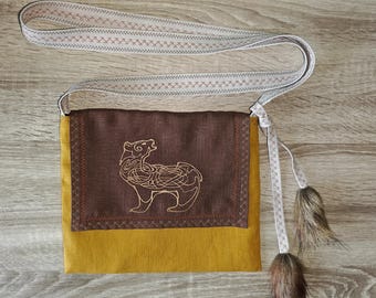 Medieval Bag Linen with Celtic Bear: LARP Renfaire Textile Pouch (size 10.5”x8”)