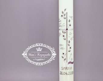 Communion candle cross with flower tendril silver & blackberry purple > stock clearance!