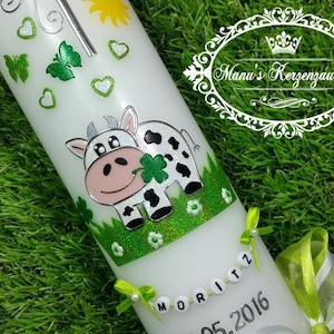 Vela bautismal vaca "The Original ©" - TK280 - Vela bautismal niño Vela bautismal niña - cadena de letras colores verde blanco - bautismo nacimiento comunión