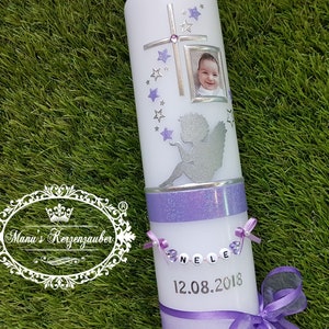 Vela bautismal Angel Velas bautismales Bautismo joven Velas de nacimiento Cera - Sin papel de aluminio - Cadena de cartas lila hecha a mano a mano Alemania