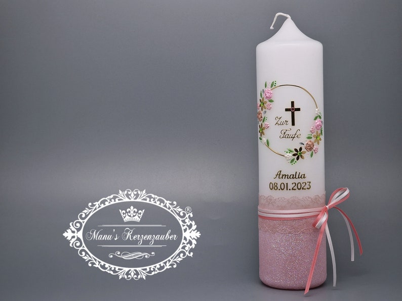 Christening candle vintage for girls with flower wreath in rustic style TK472-V-U lovingly handmade image 3